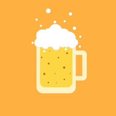 Bira yassı tasarım vektör çizimi. Renkli arka planda köpük izole edilmiş vektör çizgi filmi ve kawaii bira bardağı karakteri. vektör bira çizgi roman etiketi veya poster tasarım şablonu.