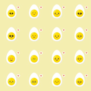 Haşlanmış yumurta. Sağlıklı gıda konsepti. Emoji Emoticon koleksiyonu. Çocuk boyama kitabı, boyama sayfaları, tişört baskısı, ikon, logo, etiket, etiket, çıkartma için çizgi film karakterleri. kawaii ve şirin tasarım