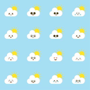 Renkli hava tahmini simgeleri. Komik karikatür şimşekleri ve bulutlar. Farklı duyguları olan sevimli yüzler. Mobil uygulama, emoji, çıkartma, çocuk kitabı ya da baskısı için düz vektör. kawaii bulut karakteri