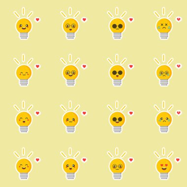 Şirin ve kawaii ampulü ya da düz dizayn vektör çizimi. Gülen insan emojisi olan komik asma kilit karakteri, renkli arkaplanda izole edilmiş çizgi film vektör çizimi. Şirin ve komik maskotlar.