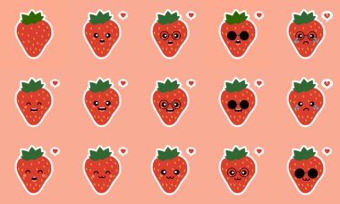 Sağlıklı çilek yemeği konsepti. Emoji Emoticon koleksiyonu. Çocuk boyama kitabı, boyama sayfaları, tişört baskısı, ikon, logo, etiket, etiket, çıkartma için çizgi film karakterleri. kawaii ve şirin meyve tasarımı