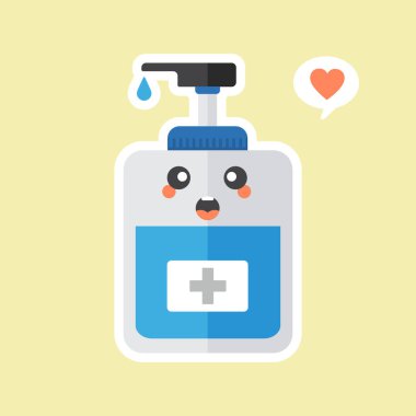 Şirin ve kawaii dezenfeksiyonu ya da dezenfektan şişesi, çamaşır jeli. Hijyen, dezenfekte, tıbbi, temiz yaşam, antivirüs, bakteri, sağlık hizmetleri, hastalık yayılması, mikroplar için uygun vektör çizimi