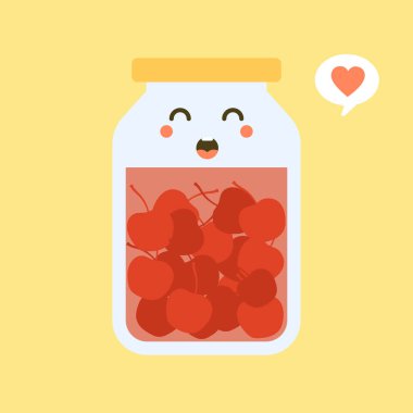 Kawaii ve tatlı vişne kavanozda. Konserve meyve. Konserve ürünleri, korunmuş yiyecekler, mühürlü bir kutuda tedarik ediliyor. İzole edilmiş. Vektör düz çizim. Maskot markanız için düz tasarım biçimi.