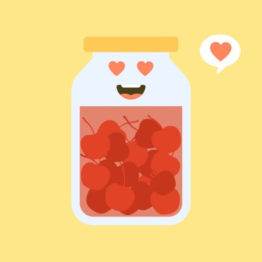 Kawaii ve tatlı vişne kavanozda. Konserve meyve. Konserve ürünleri, korunmuş yiyecekler, mühürlü bir kutuda tedarik ediliyor. İzole edilmiş. Vektör düz çizim. Maskot markanız için düz tasarım biçimi.