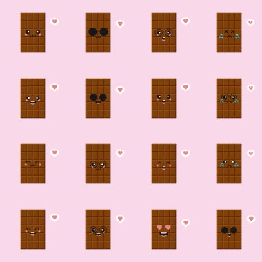 Çeşitli duyguları gösteren sevimli ve komik çikolata karakterleri, renkli arkaplanda izole edilmiş çizgi film vektör çizimleri. kawaii çikolata karakterleri, maskotlar, emoticonlar ve web için emoji
