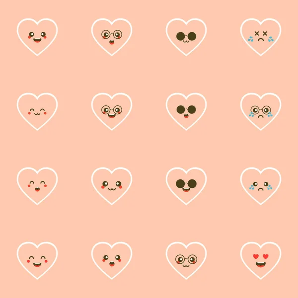 Cute Set Holiday Valentines Day Funny Cartoon Character Emoji Hearts — Stock Vector