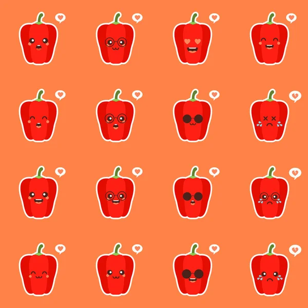 Aranyos Kawaii Vörös Paprika Egészséges Étel Koncepció Pepper Emoji Emoticonnal — Stock Vector