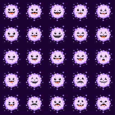 Yüz ifadesi olan Corona Virüsü karakteri. Renkli arka planda Coronavirus virüsü. 2019-NCoV. Çin 'de zatürree salgınına neden olan virüs. Bilim ve tıp için vektör illüstrasyonu