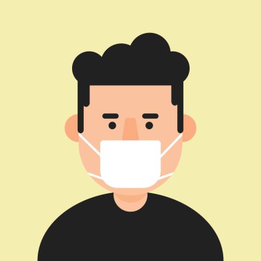 Tıbbi maskeler takan bir adam, kendilerini salgın salgınından koruyor. Coronavirus - COVID-19, virüs bulaşması, kirlilik, antivirüs. Tek kullanımlık tıbbi maske simgesi.