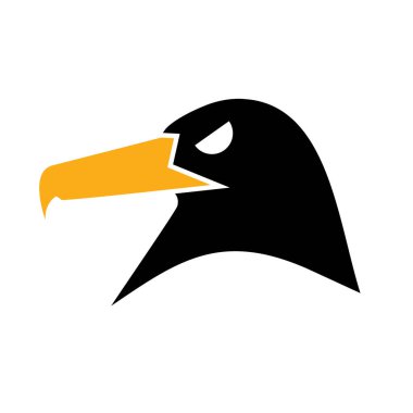 Basit karga ya da kuzgun logo şablonu tasarımı. Vektör çizimi. Soyut karga kafası beyaz arkaplanda izole edilmiş. Tasarım maskotu, etiket, rozet, amblem veya diğer markalar için şablon.