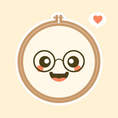 Şirin ve Kawaii Nakış Hoop Vektör Sanat Çizimi. Nakış işlemek için kahverengi ahşap halka. Çapraz Dikiş Kancası Simgesi, İğne İşi için Çerçeve Kapağı,