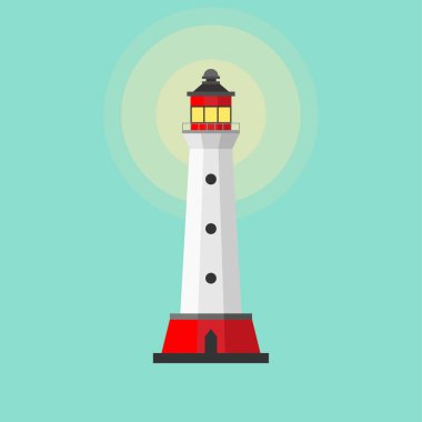 Deniz feneri vektör düz tasarımı. Navigasyon için deniz fenerleri. Denizcilik yön gösterimi için işaret kulesi simgeleri. Düz stil tasarım. Vektör illüstrasyon sanatı.