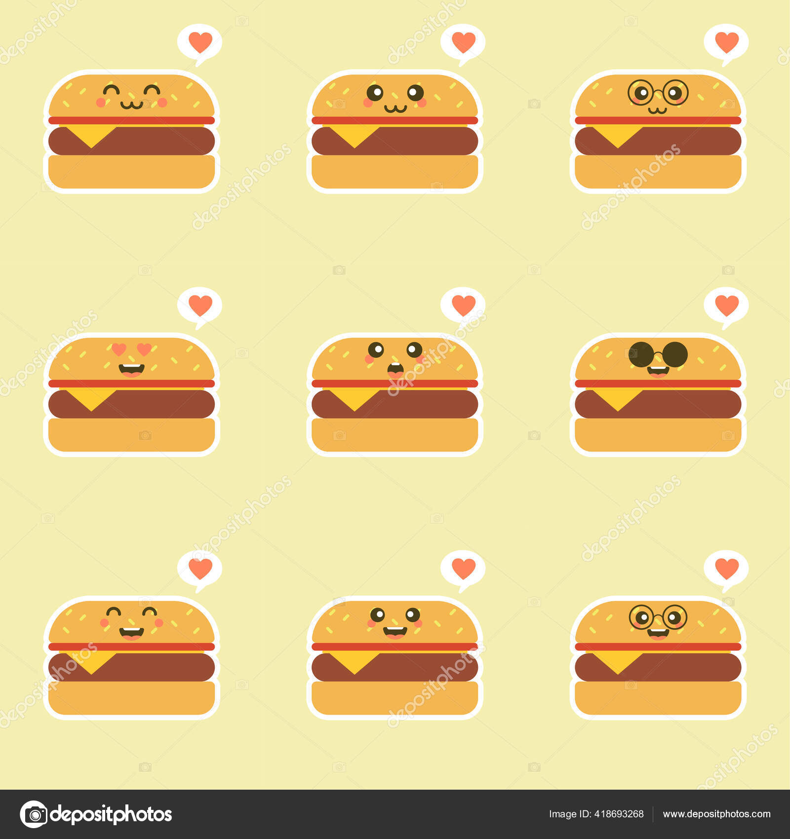 Kawaii desenho animado hambúrguer fast food imagem vetorial de