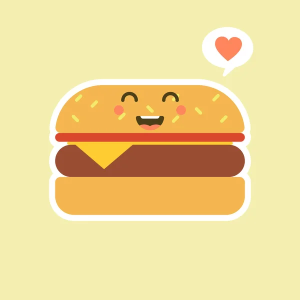 Burger Şirin Kawaii Fast Food Vektör Karakter Seti Renk Arkaplan — Stok Vektör