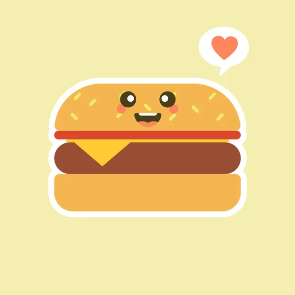 Burger Roztomilé Kawaii Rychlé Jídlo Vektorové Znakové Sady Izolované Barevném — Stockový vektor