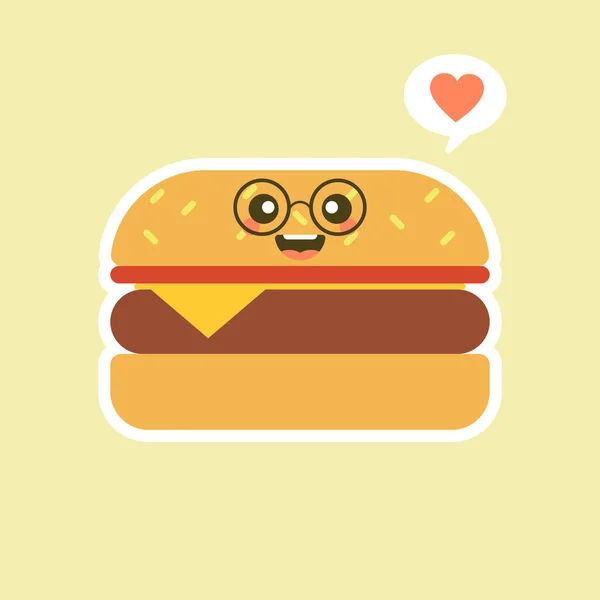 Burger Cute Kawaii Fast Food Vector Character Set Isolated Color — Stock Vector
