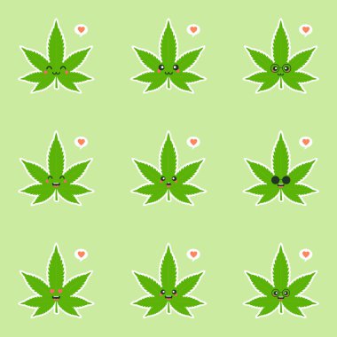 Şirin ve Kawaii gülümsüyor mutlu marihuana ot yeşil yaprak surat. Vektör düz çizgi film karakteri çizim simgesi tasarımı. Renk arkaplanından izole edilmiş. marihuana keneviri, tıbbi ve eğlence esrarı