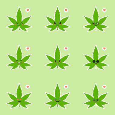 Cute and kawaii smiling happy marijuana weed green leaf face. Vector flat cartoon character illustration icon design. Isolated on color background. marihuana ganja, medical and recreation cannabis clipart