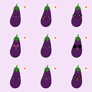 Şirin ve patlıcan karakteri. Patlıcanın vektör çizimi. Renk arkaplanındaki izole nesne. Vejetaryenlik, vejetaryen, maskot, sağlıklı yiyecekler, organik sebzeler. Restoran için, aşçılık için.