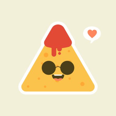 Domates soslu Nachos karakterleri. Güzel Meksika yemekleri. Vektör illüstrasyonu