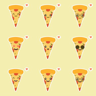 Komik pizza dilimi. Renkli arka planda izole edilmiş şirin pizza karakteri seti. Fast food karakterleri. Menüde, dükkanda, barda, kartta ya da çıkartmalarda kullanılabilir. Düzenlemesi kolay.