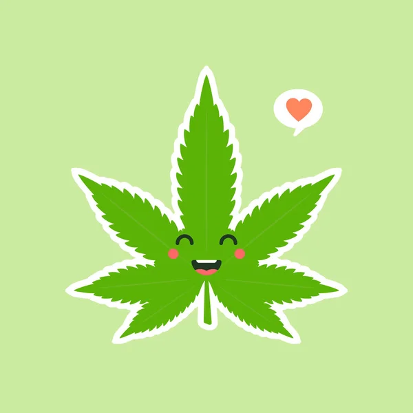 Mignon Kawaii Souriant Heureux Marijuana Herbe Vert Feuille Visage Illustration — Image vectorielle