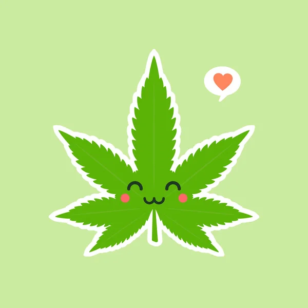 かわいいとかわいい笑顔幸せなマリファナ雑草緑の葉の顔 ベクターフラット漫画キャラクターイラストアイコンデザイン 色の背景に隔離された マリファナガンジャ医療 レクリエーション大麻 — ストックベクタ