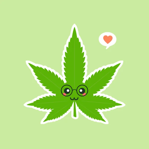 Niedlich Und Kawaii Lächelnd Glücklich Marihuana Unkraut Grünes Blatt Gesicht — Stockvektor