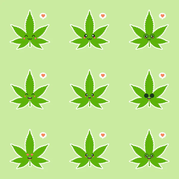 Leuke Kawaii Lachende Vrolijke Marihuana Onkruid Groene Blad Gezicht Vector — Stockvector