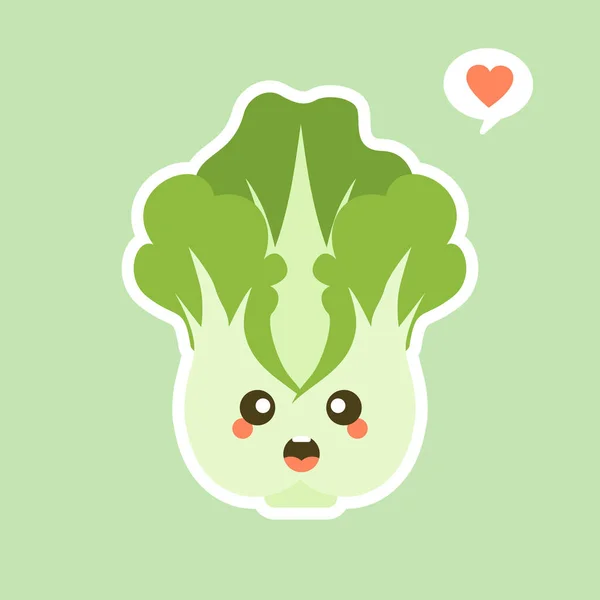 Roztomilý Kawaii Čínské Zelí Charakter Zelenina Přírodní Jídlo Vegetariánská Veganská — Stockový vektor