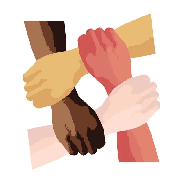 停止种族主义图标 反对种族主义和歧视的具有激励作用的海报 许多不同种族的手印在一起 病媒图解 — 图库矢量图片