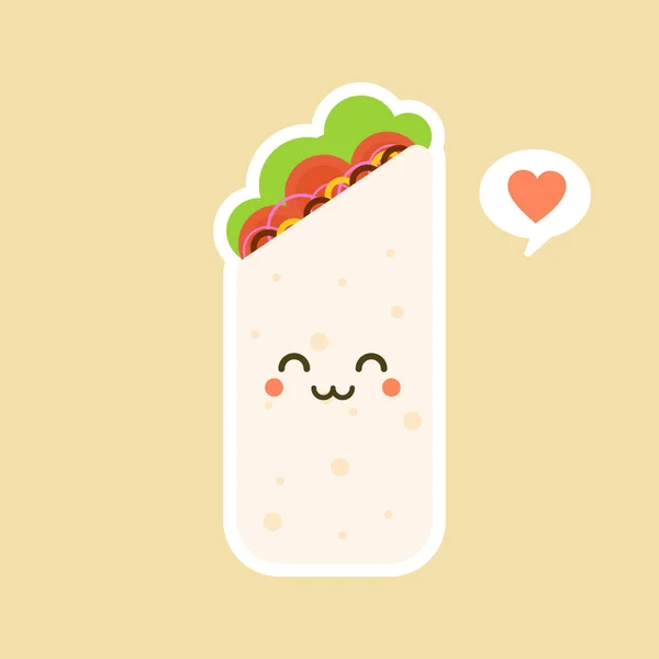 Bonito Kawaii Engraçado Sorrindo Burrito Feliz Comida Mexicana Design Plana — Vetor de Stock