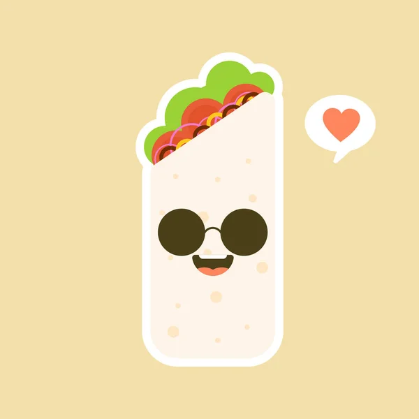 Carino Divertente Kawaii Sorridente Burrito Felice Messicano Cibo Piatto Disegno — Vettoriale Stock