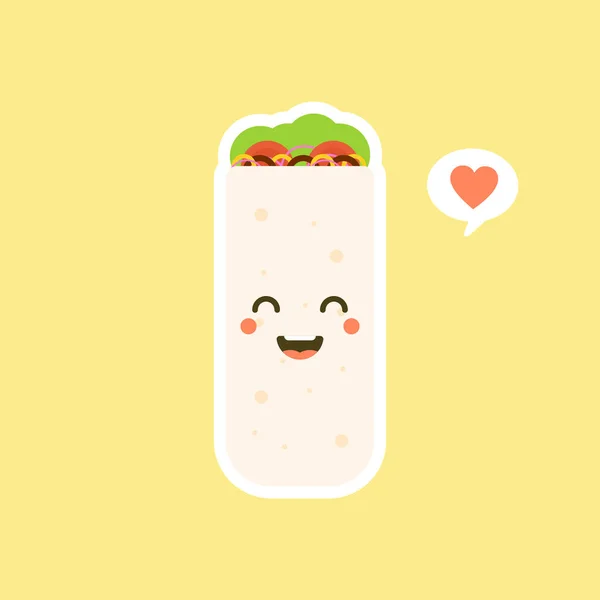 Mignon Kawaii Drôle Sourire Burrito Heureux Illustration Vectorielle Design Plat — Image vectorielle