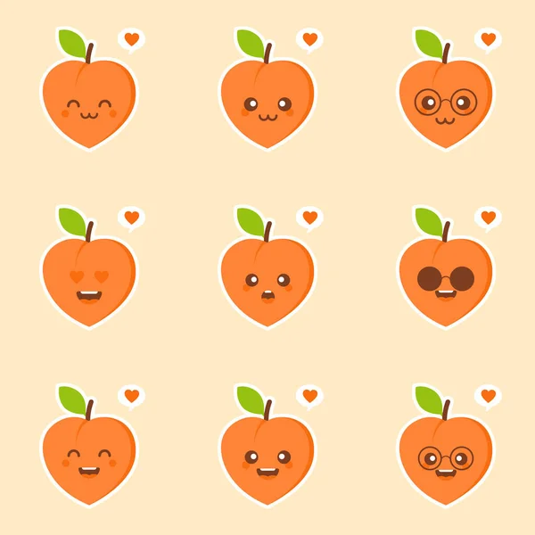 Peach Kawaii Emoticonos Ilustración Dibujos Animados Emoji Redes Sociales Melocotón — Vector de stock