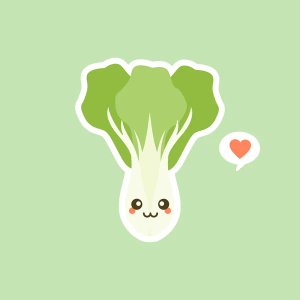 可爱的帕奇卡通人物吉祥物蔬菜健康食品概念孤立的病媒说明 Bok Choy字符 — 图库矢量图片