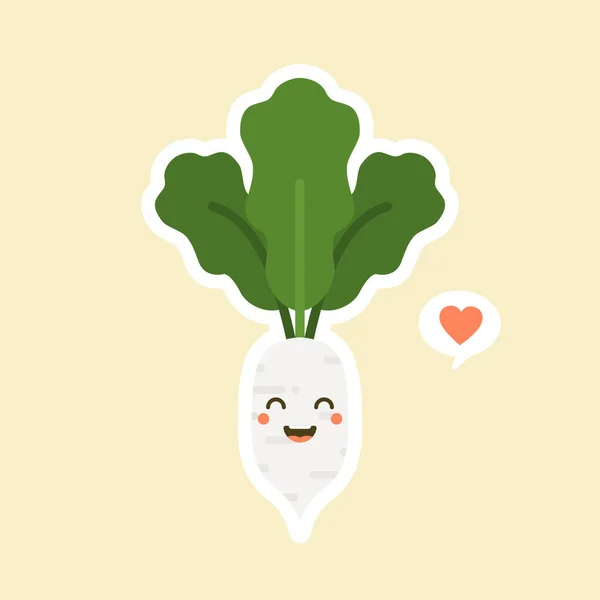 Carino Kawaii Carattere Ravanello Bianco Illustrazione Del Carattere Vegetale Biologico — Vettoriale Stock