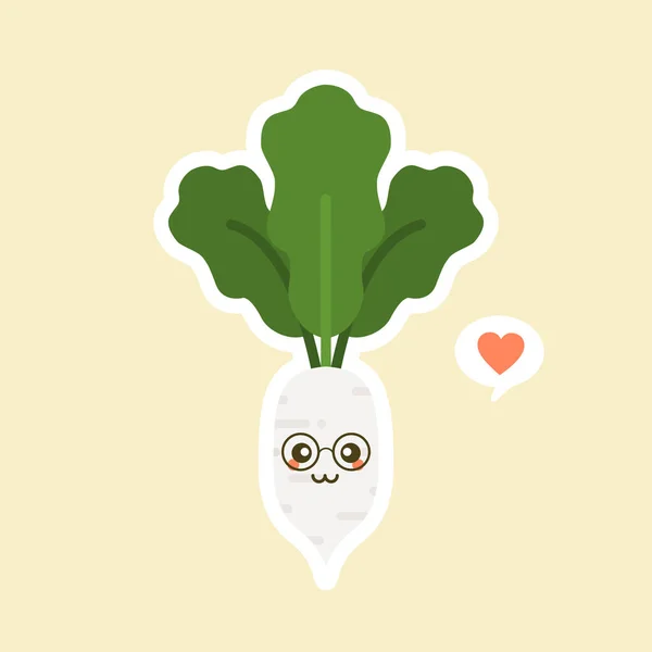 Mignon Kawaii White Radish Caractère Illustration Caractère Légume Biologique Sain — Image vectorielle