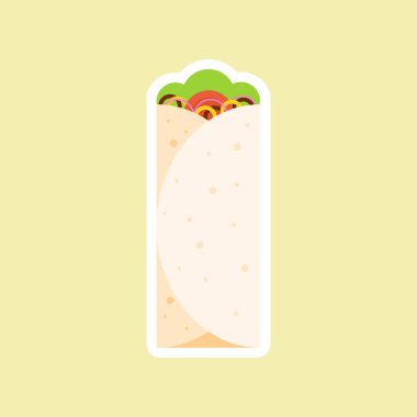 Shawarma veya Buritto. Fast food çizgi filmi. Vektör tavuk, sebze rulosu, yemek. Döner jebab, shawarma düz çizgi film çizimi Arapça, doğu yemekleri, Burittos, Meksika yemekleri.