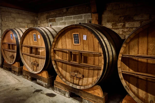 法国卡尔瓦多的老橡木陈酿酒桶 — 图库照片