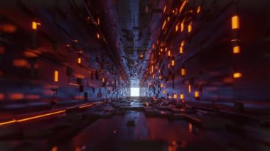 Parlayan turuncu ışıklı soyut kübik koridor. 3D animasyon 4K fütüristik tünel. Parlayan neon ışıkları yol duvarlarını kaplıyor ve rastgele yanıp sönüyor.
