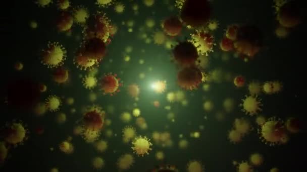 空とカメラの中を飛ぶコロナウイルス 赤と緑の粒子Covid 19病気の流れは 最後に緑の光と一緒に通過します コロナウイルスの概念も2019 Microscropeウイルスとして知られています閉じる — ストック動画
