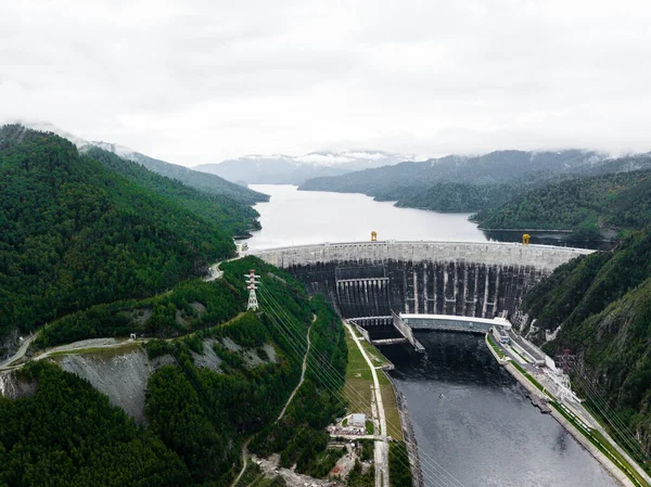 Sayano Shushenskaya dam and hydroelectric power station from aerial view. Khakasia. The Yenisei River