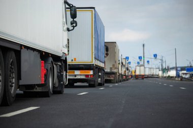Sınırda uzun bir trafik sıkışıklığı, Coronavirüs salgını nedeniyle eyaletler arasında gümrük kontrolleri için uzun bir bekleyiş, kargo taşımacılığının hijyenik denetiminin artması