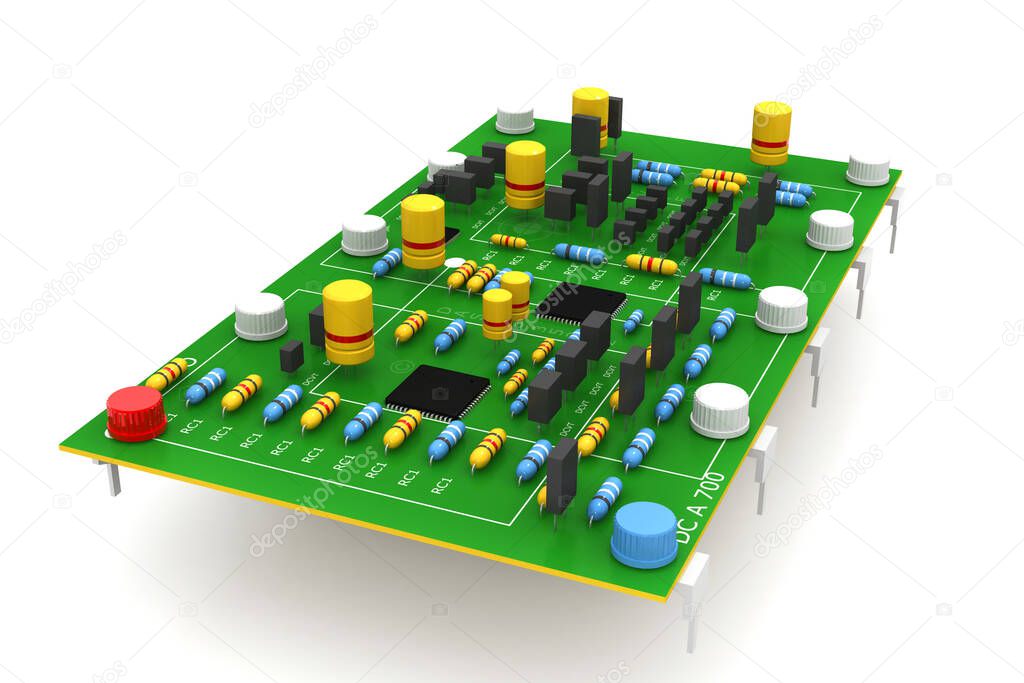 electronic circuit board on white background.3d illustration