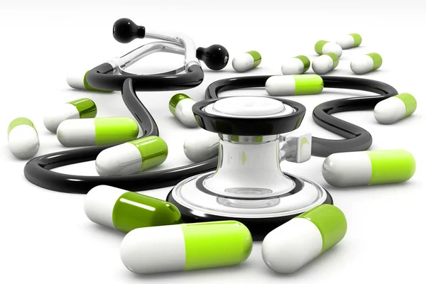 Tabletki Stetoskop Białym Tle — Zdjęcie stockowe
