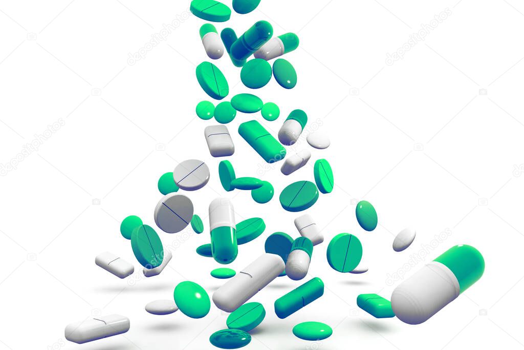 Falling colorful pills.3d render