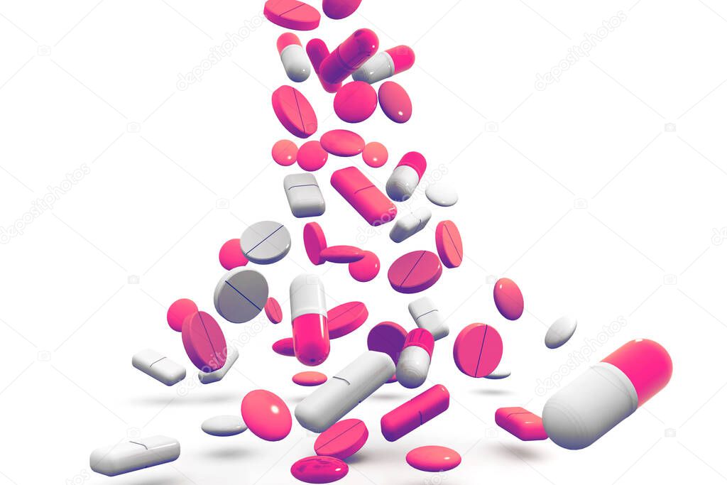 Falling colorful pills on scientific background.3d render
