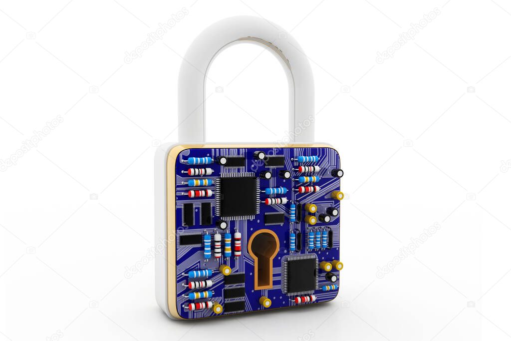Circuit board in lock. Security concept. 3d render  