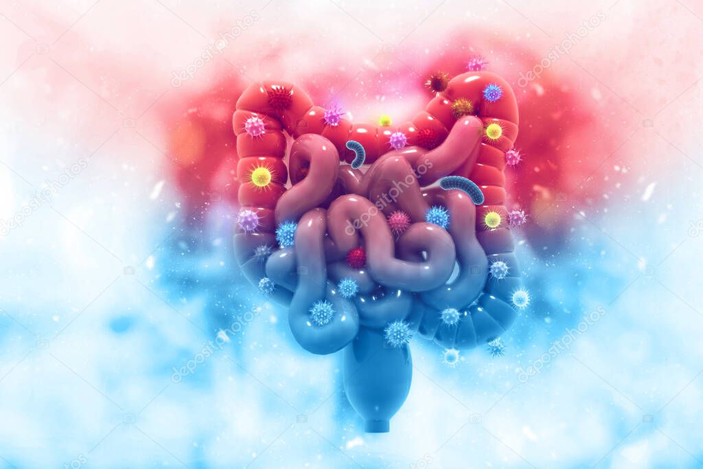 Colon cancer. Cancer attacking cells. Colon disease concept. 3d illustration 